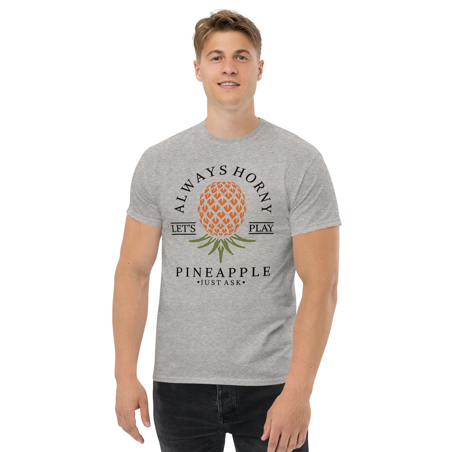 Classic T-shirt for Men Always Horny Upside Down Pineapple Dark - Swinger Clothing