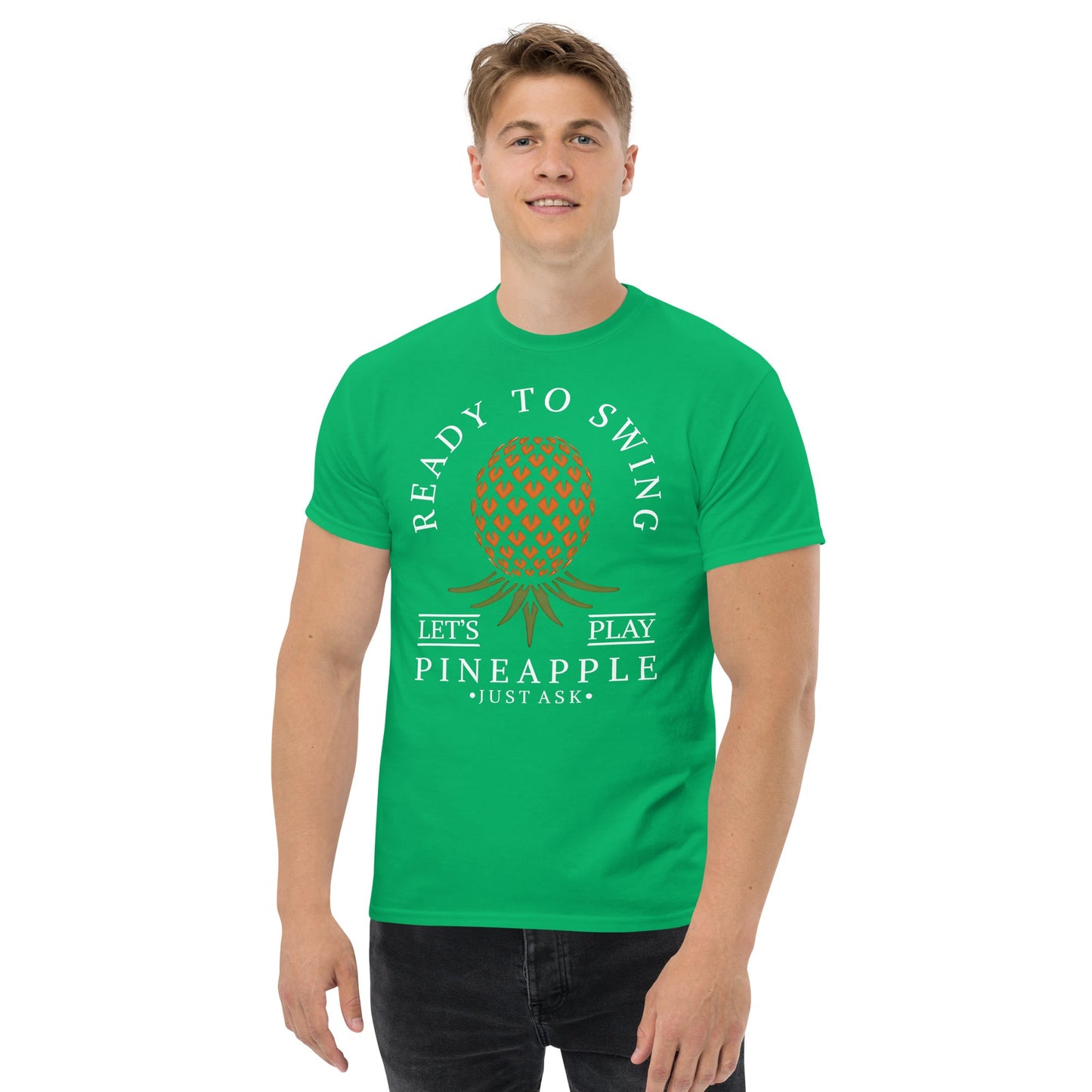 Classic T-shirt for Men Ready to Swing Upside Down Pineapple Dark - Swinger Clothing