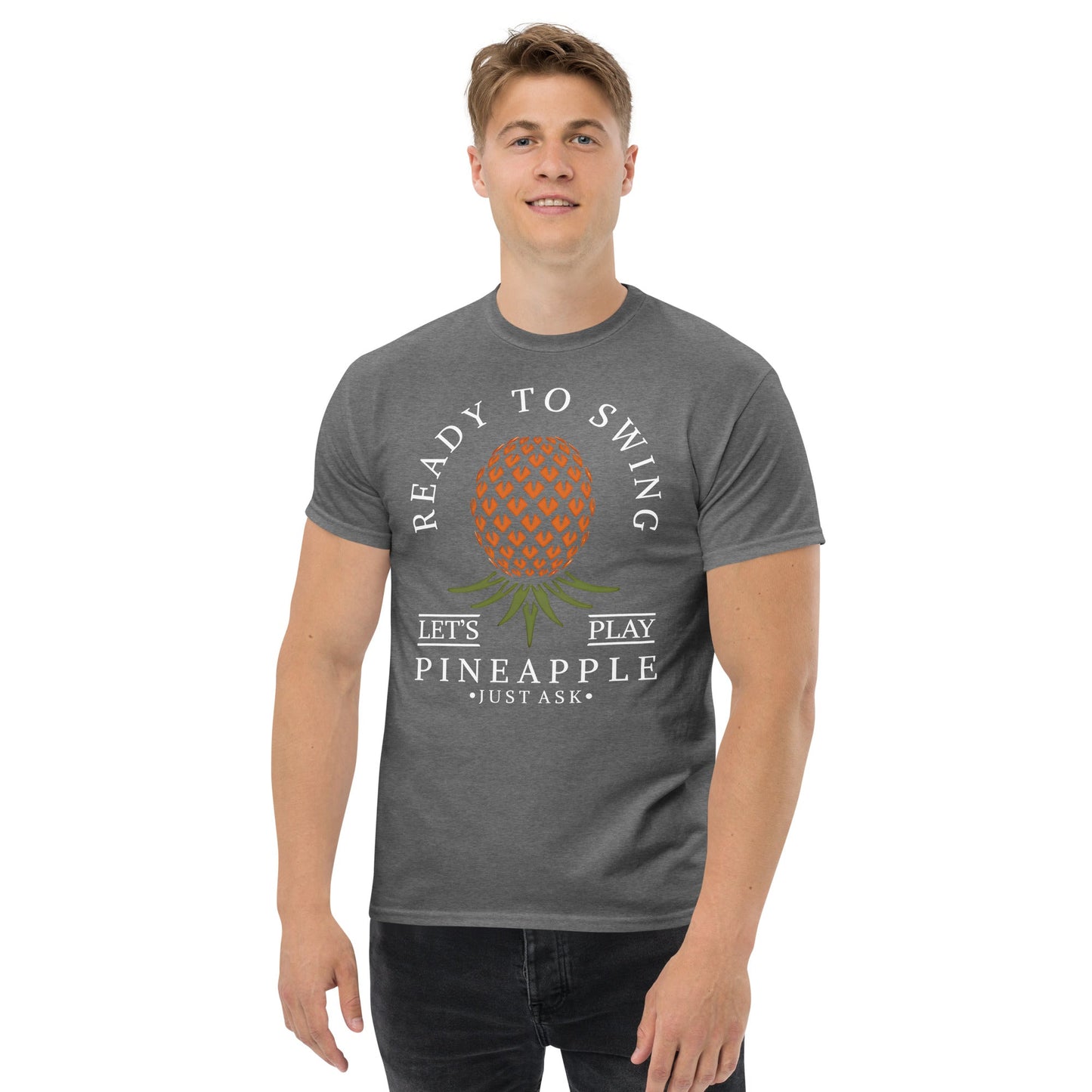 Classic T-shirt for Men Ready to Swing Upside Down Pineapple Dark - Swinger Clothing