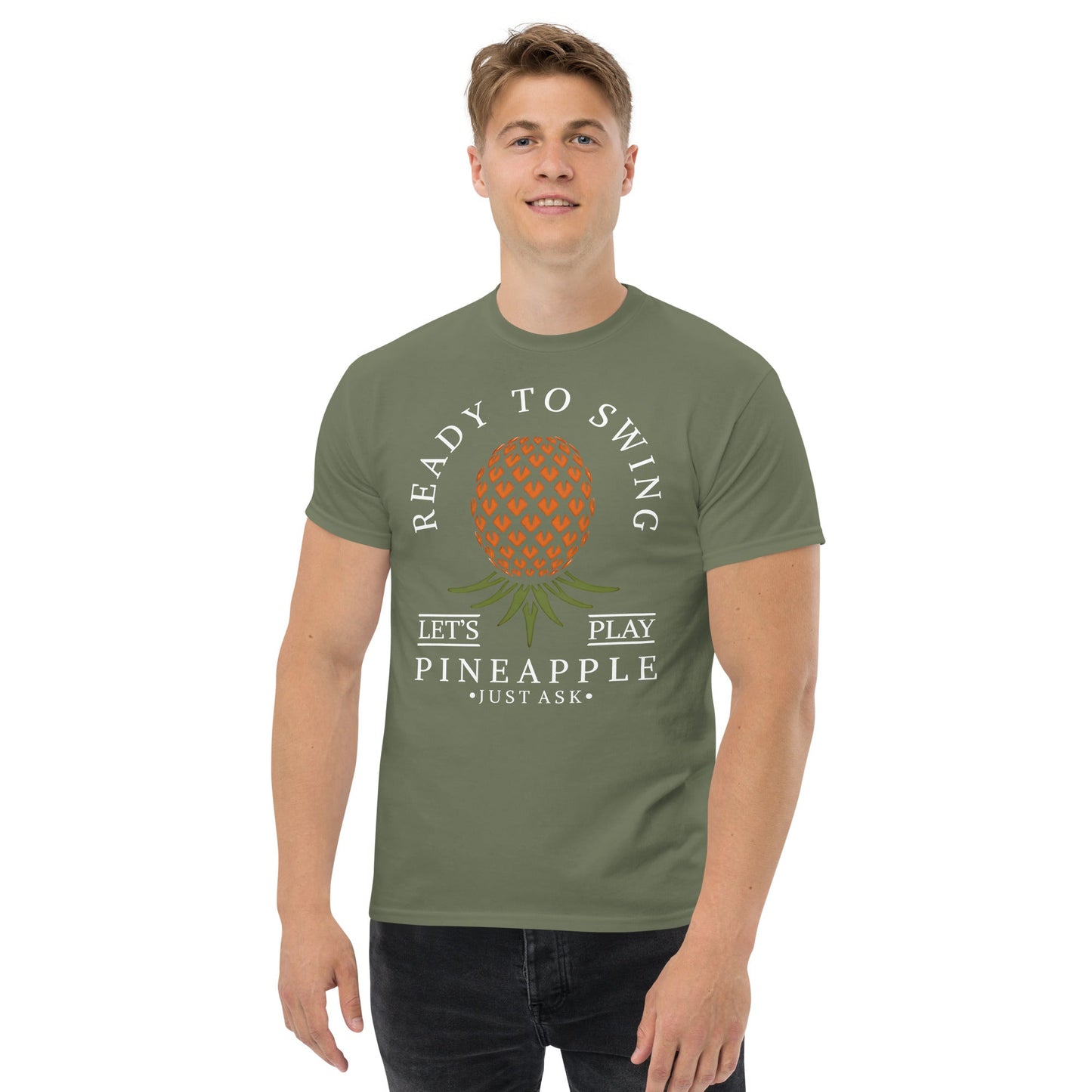 Classic T-shirt for Men Ready to Swing Upside Down Pineapple Dark - Swinger Clothing