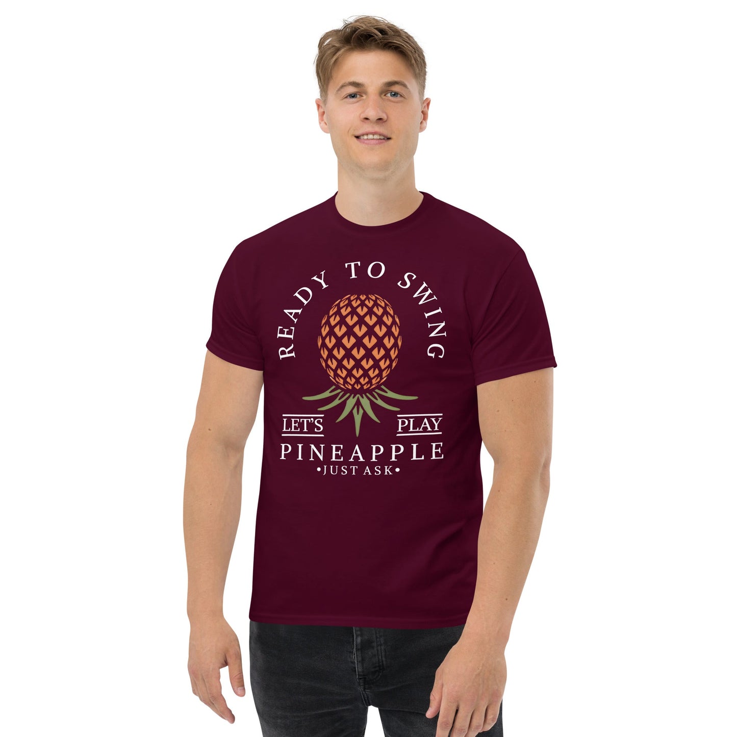 Classic T-shirt for Men Ready to Swing Upside Down Pineapple Dark - Swinger Clothing