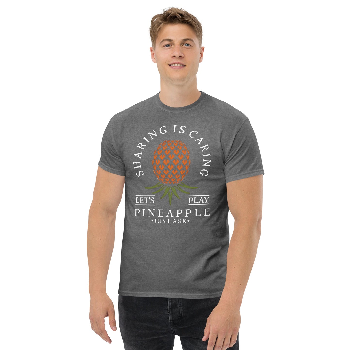 Classic T-shirt for Men Sharing is Caring Upside Down Pineapple Dark - Swinger Clothing