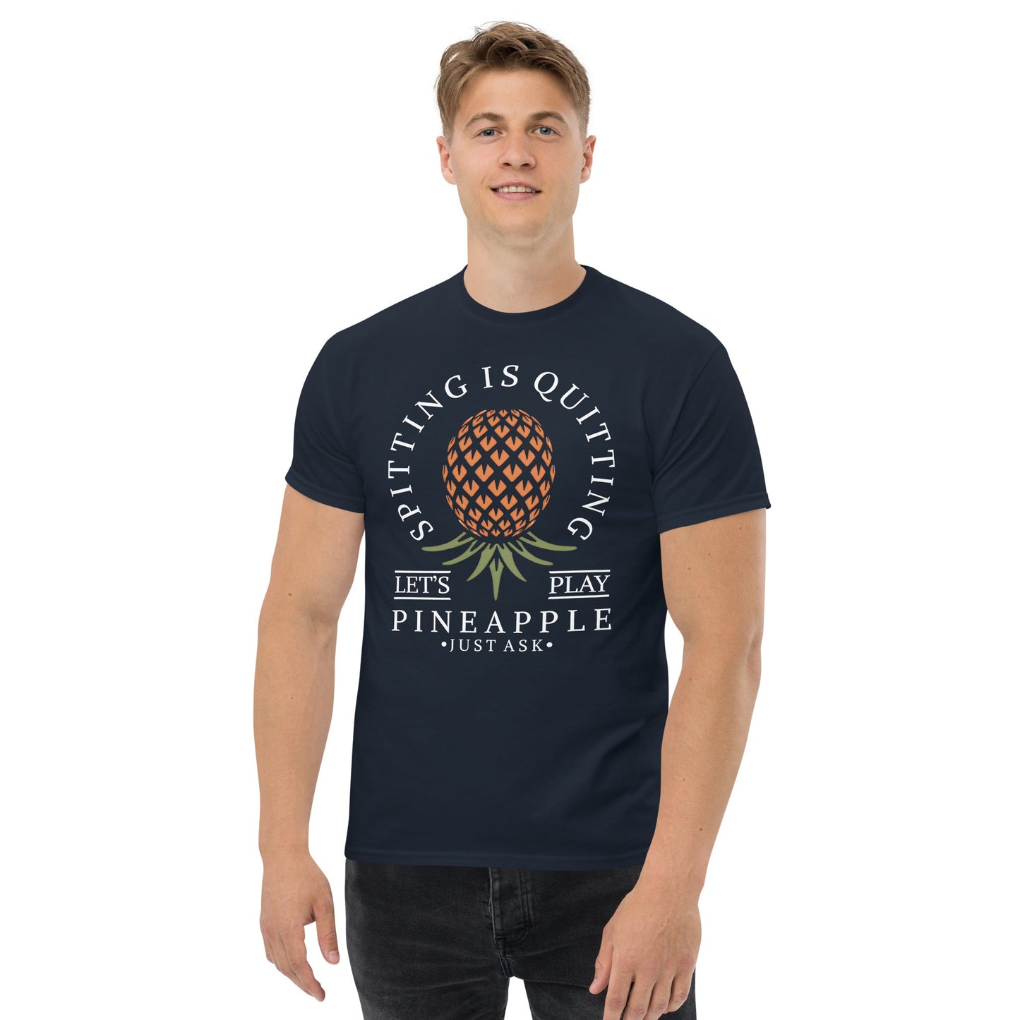 Classic T-shirt for Men Spitting is Quitting Upside Down Pineapple Dark - Swinger Clothing