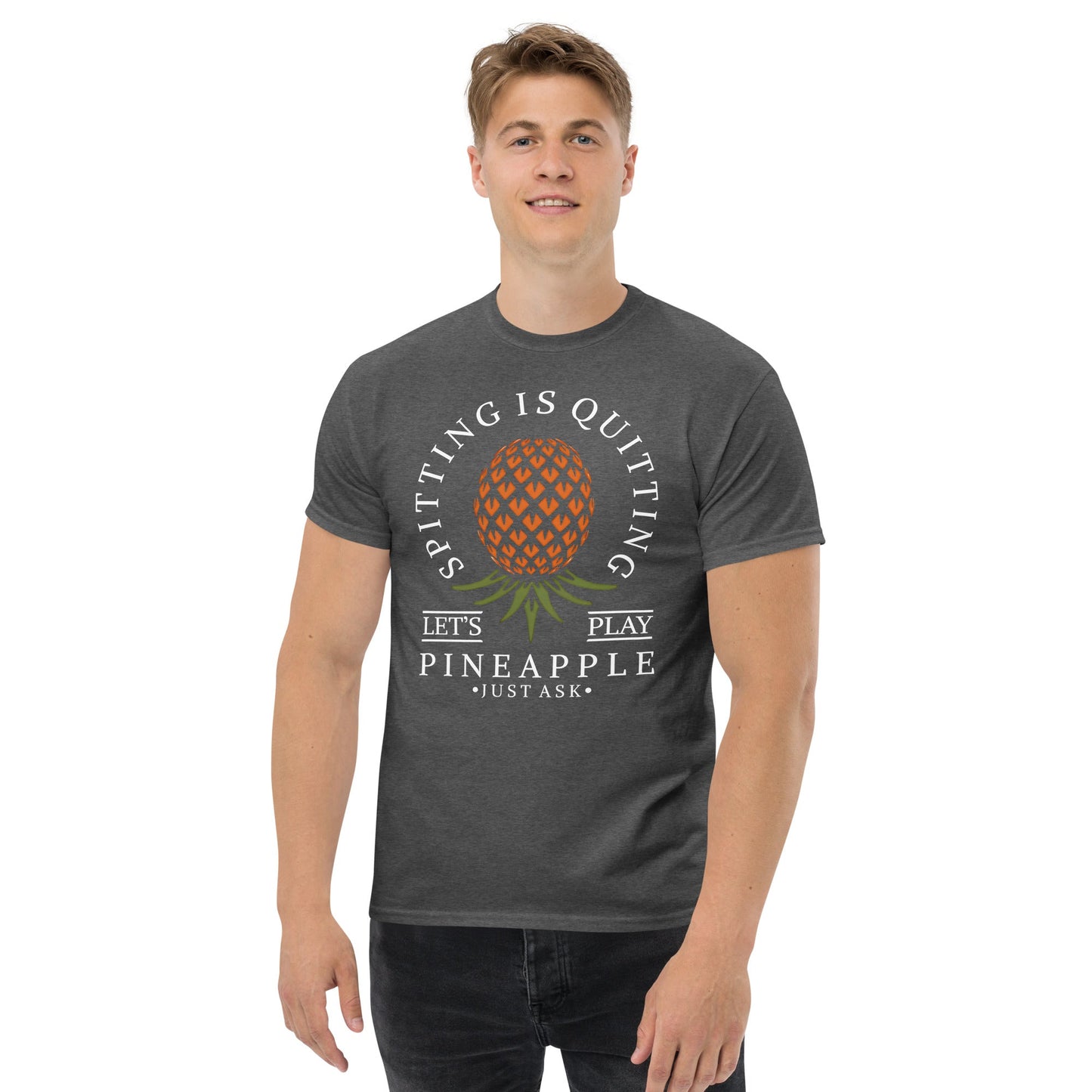Classic T-shirt for Men Spitting is Quitting Upside Down Pineapple Dark - Swinger Clothing