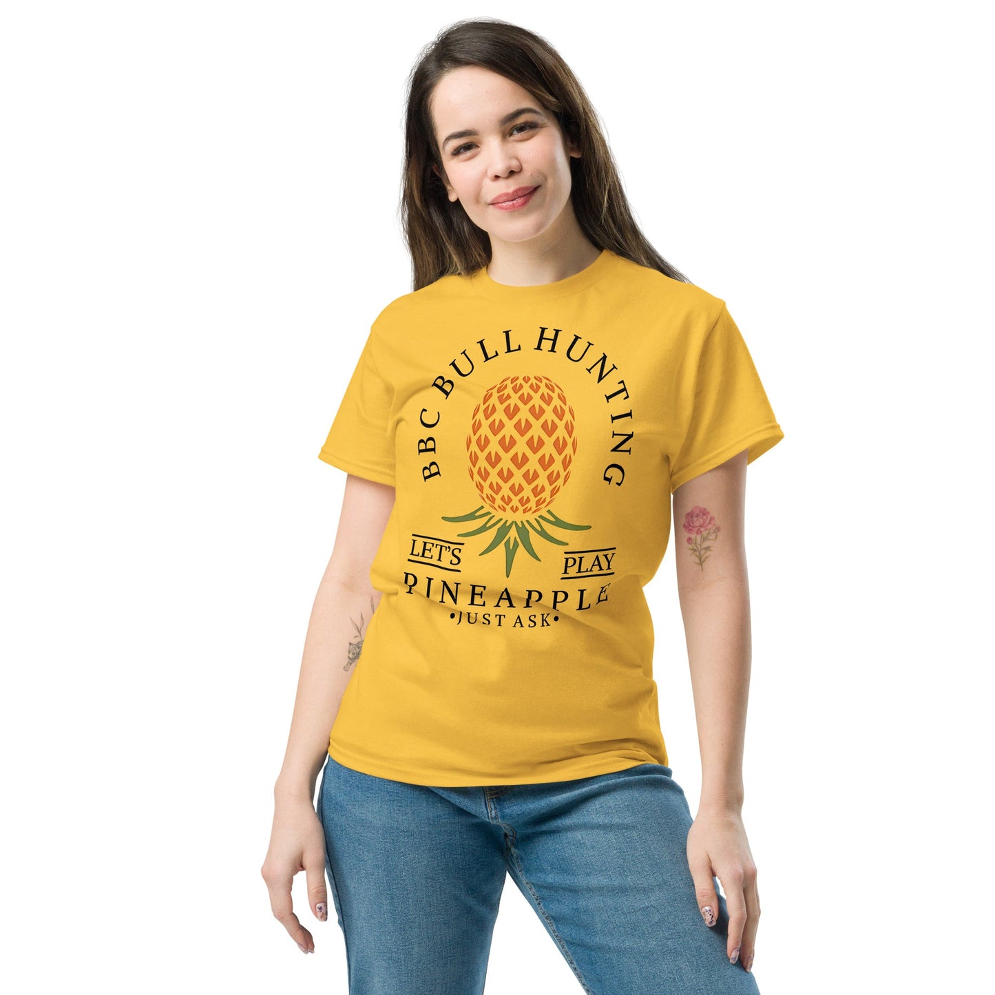 Classic T-shirt for Women BBC Bull Hunting Upside Down Pineapple Light - Swinger Clothing