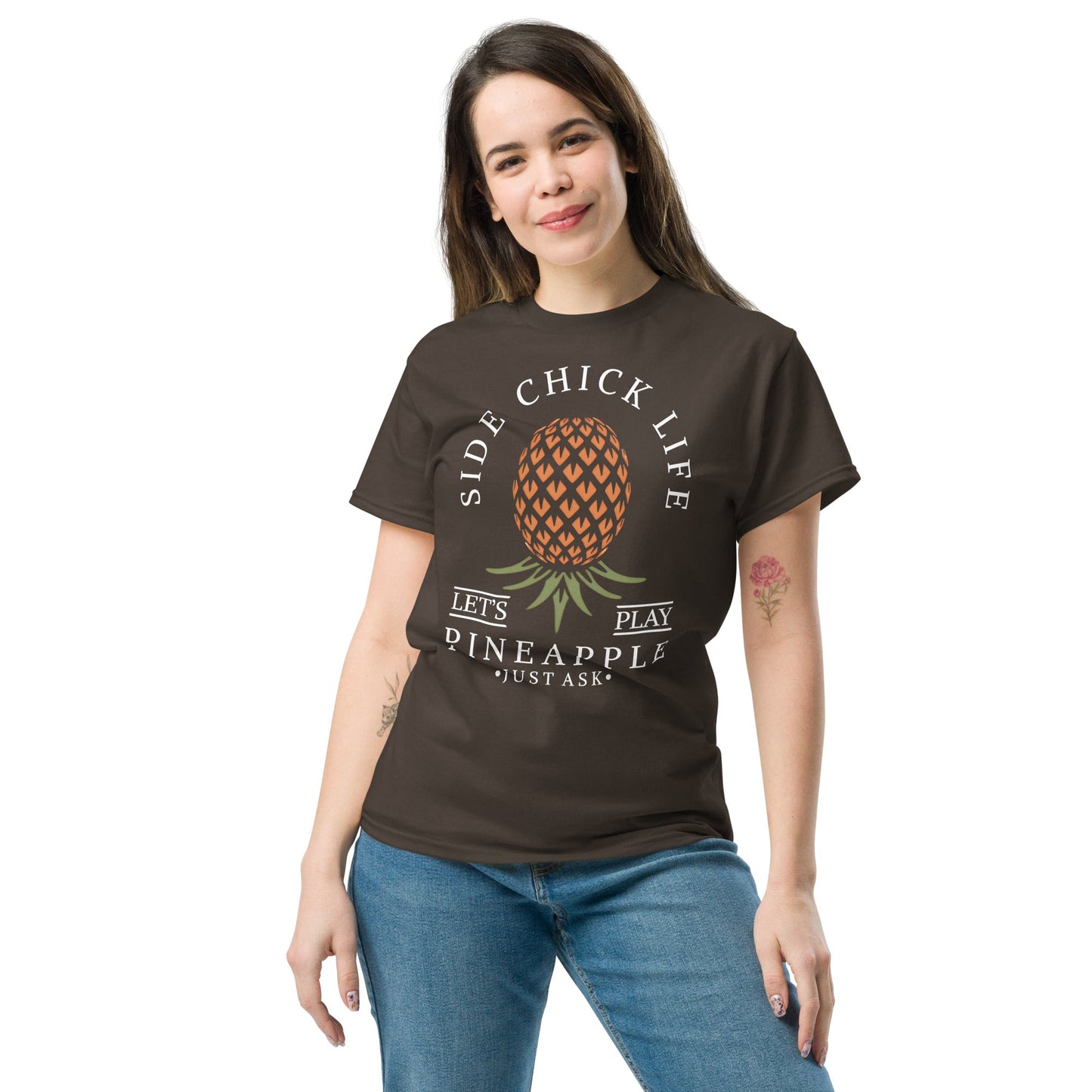 Classic T-shirt for Women Side Chick Life Upside Down Pineapple Dark - Swinger Clothing