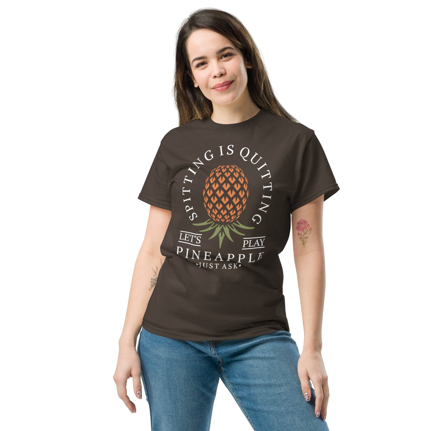 Classic T-shirt for Women Spitting is Quitting Upside Down Pineapple Dark - Swinger Clothing