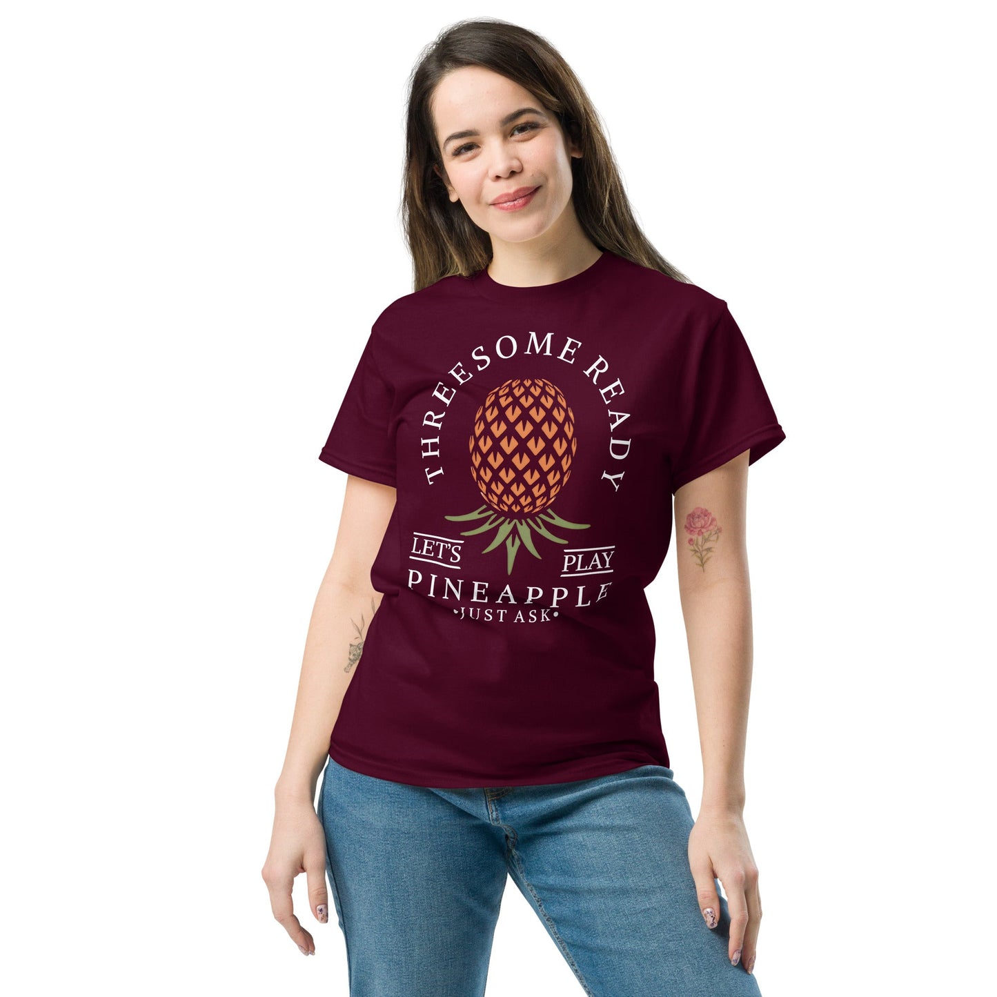 Classic T-shirt for Women Threesome Ready Upside Down Pineapple Dark - Swinger Clothing