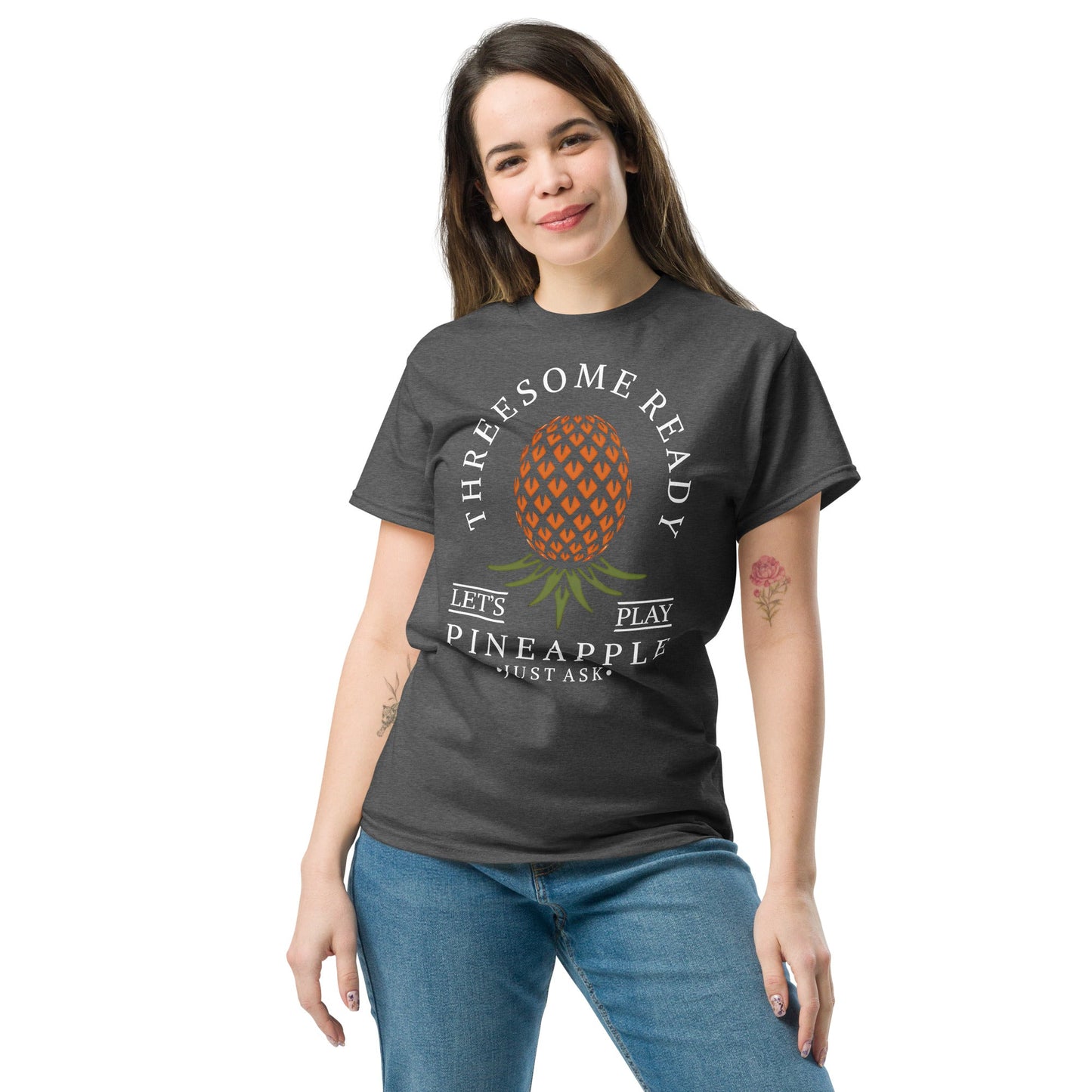 Classic T-shirt for Women Threesome Ready Upside Down Pineapple Dark - Swinger Clothing
