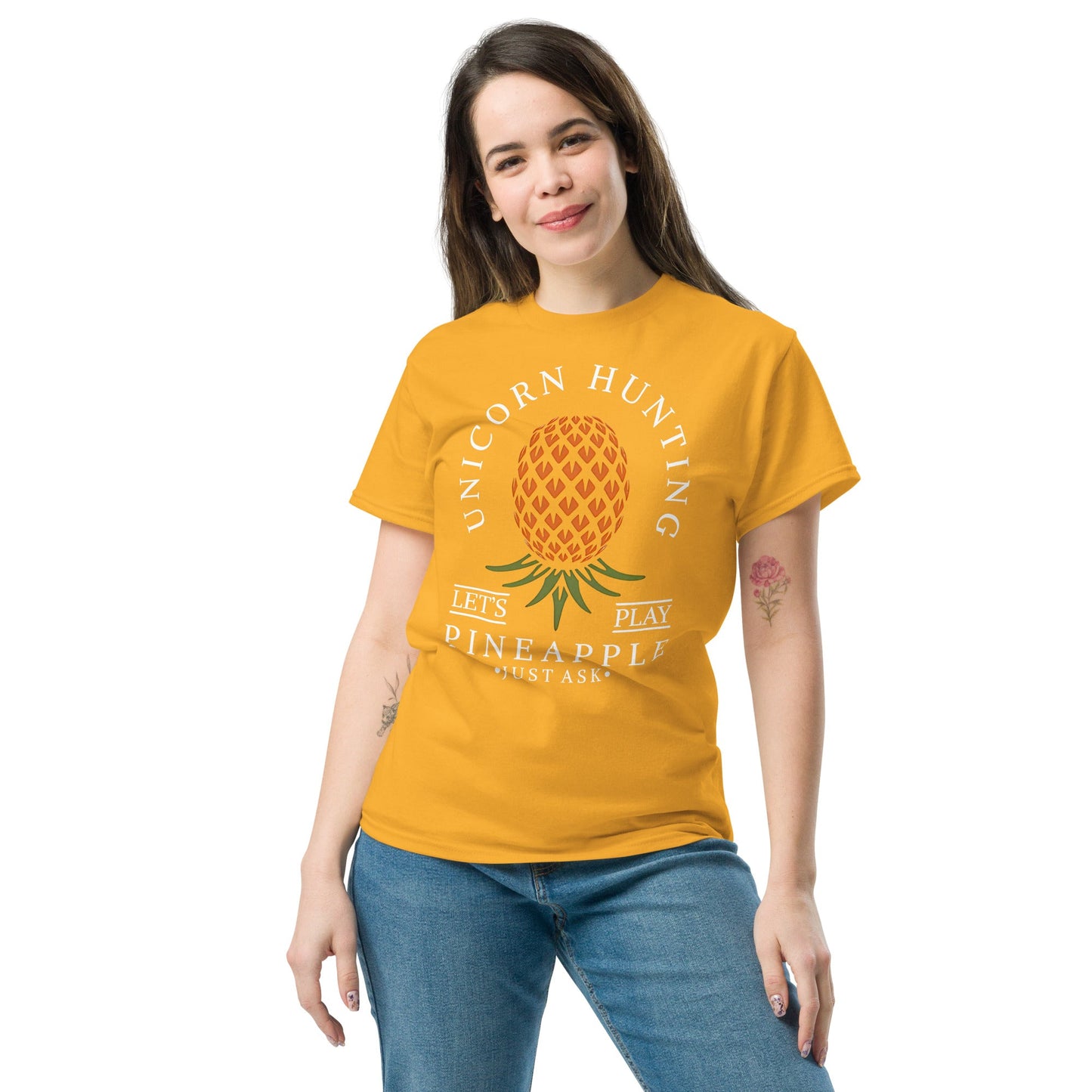 Classic T-shirt for Women Unicorn Hunting Upside Down Pineapple Dark - Swinger Clothing