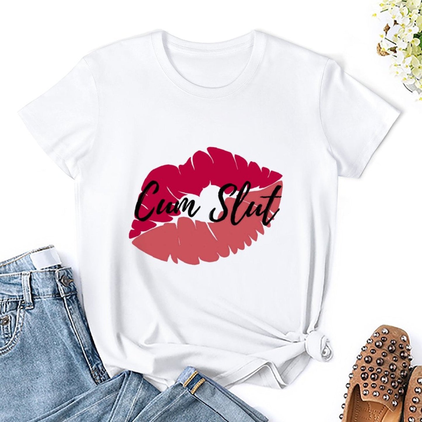 Short Sleeve Double Sided Women's Cotton T-Shirt Cum Slut - Swinger Clothing