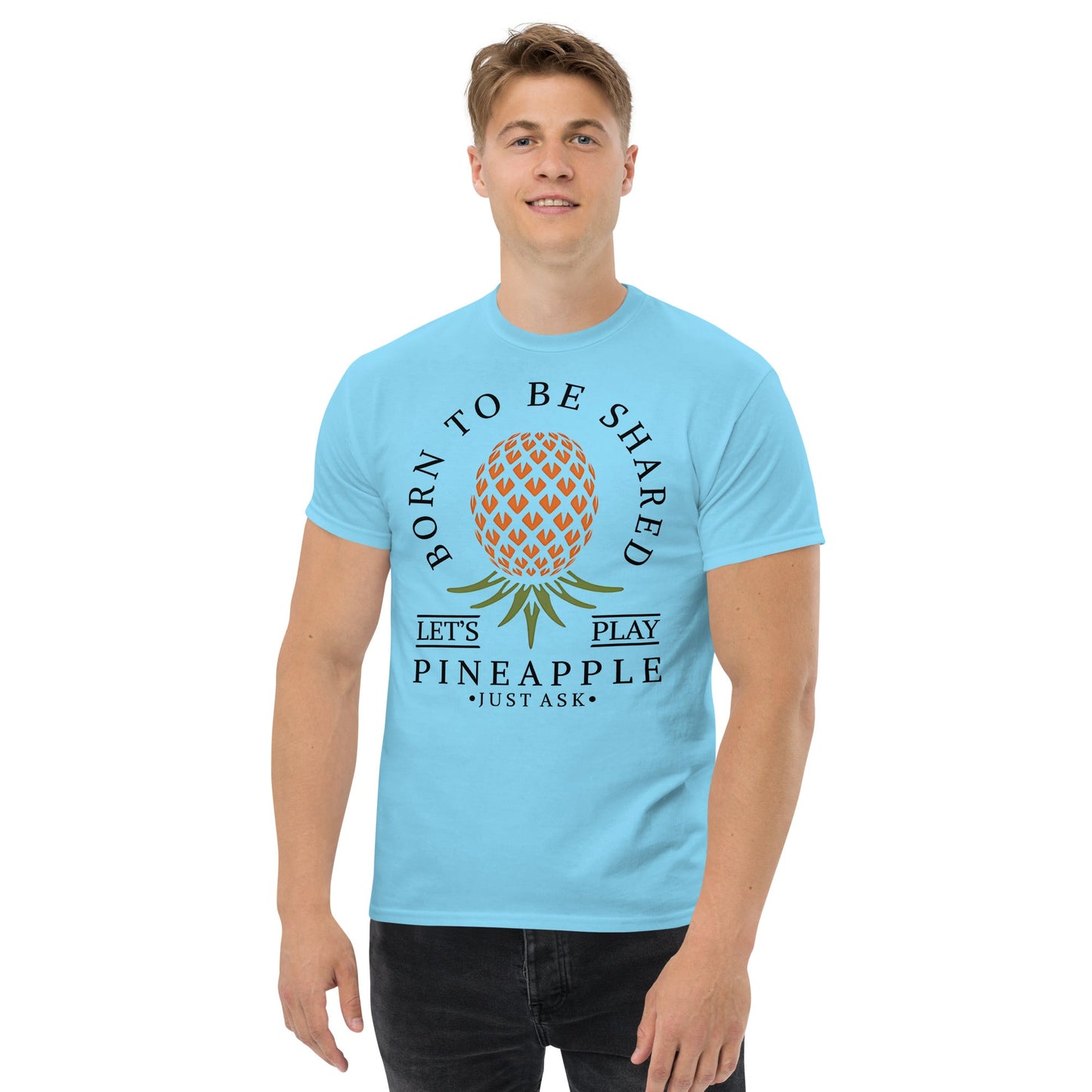 Classic T-shirt for Men Born To Be Shared Upside Down Pineapple Dark - Swinger Clothing