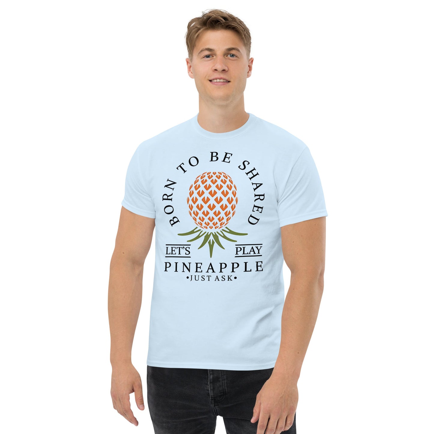 Classic T-shirt for Men Born To Be Shared Upside Down Pineapple Dark - Swinger Clothing