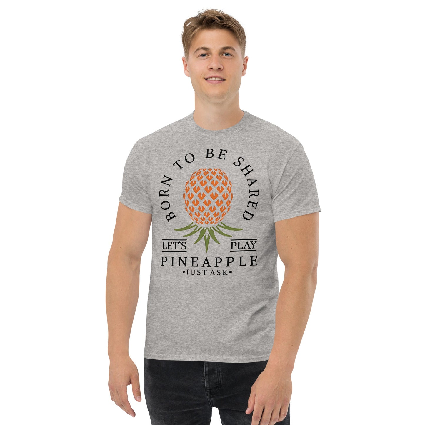 Classic T-shirt for Men Born To Be Shared Upside Down Pineapple Dark - Swinger Clothing