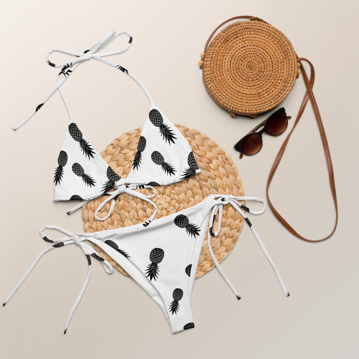 String Bikini Swimsuit Upside Down Pineapple White w/ Black - Swinger Clothing