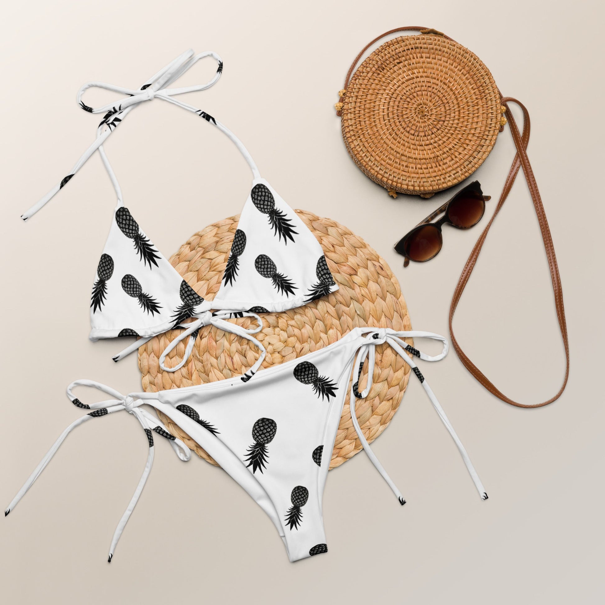 String Bikini Swimsuit Upside Down Pineapple White w/ Black - Swinger Clothing