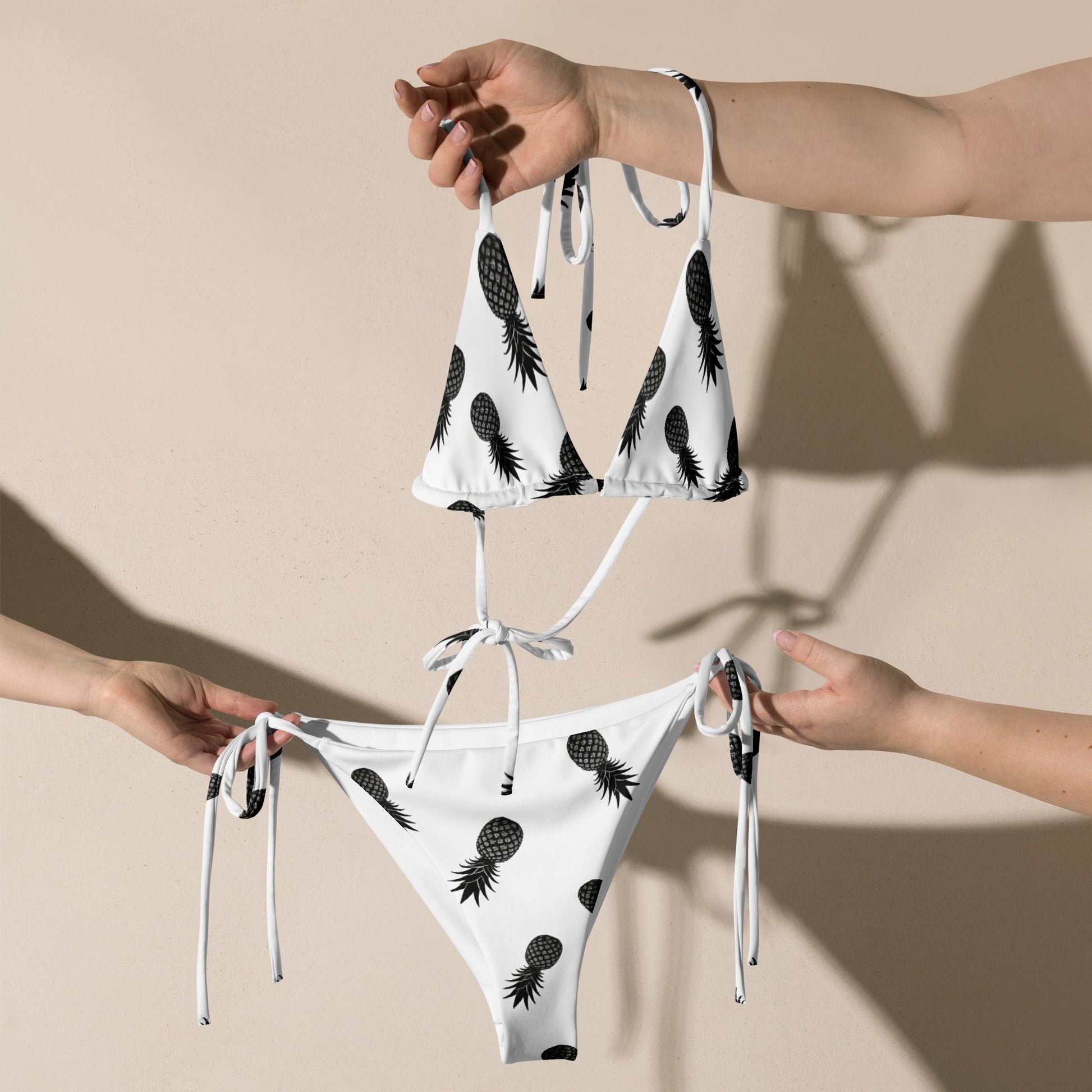 String Bikini Swimsuit Upside Down Pineapple White w/ Black - Swinger Clothing